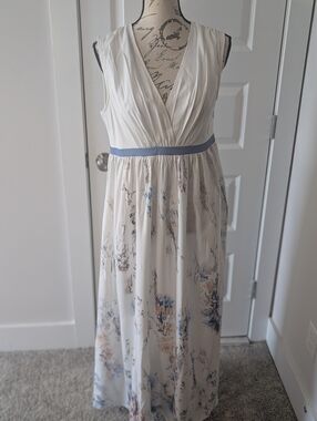 188. Women's Ivory Floral Maxi Dress with Blue Accented Waist Size L